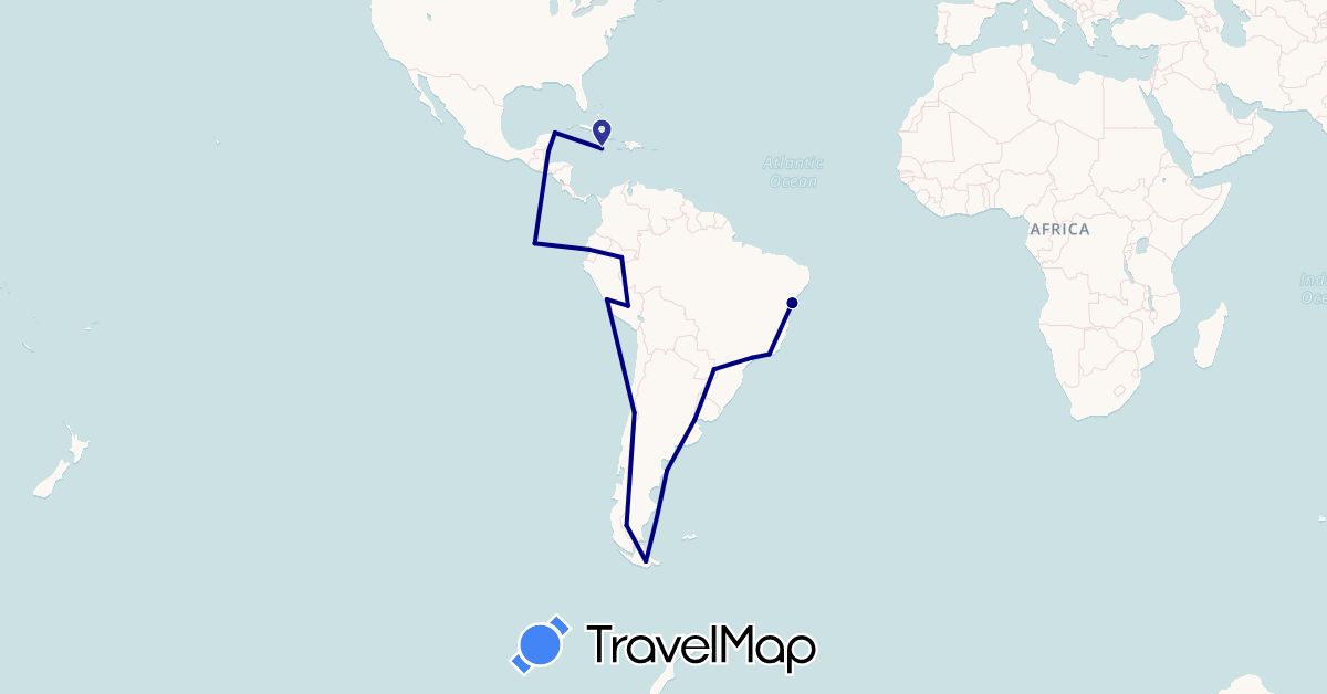 TravelMap itinerary: driving in Argentina, Brazil, Belize, Chile, Ecuador, Mexico, Peru, United States (North America, South America)